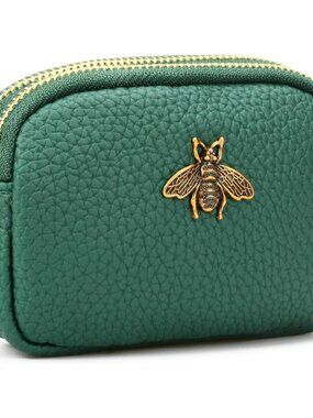 Leather Coin Purse for Women Small 2 Zipper Change Wallet with Key Ring Card Key